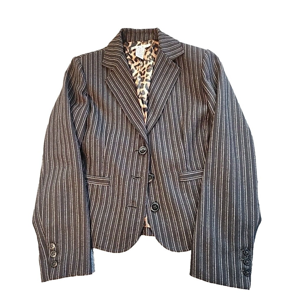 Cabi Jacket Blazer Womens Size 8 Joey Pinstripe Black Gray Leopard Print Lining